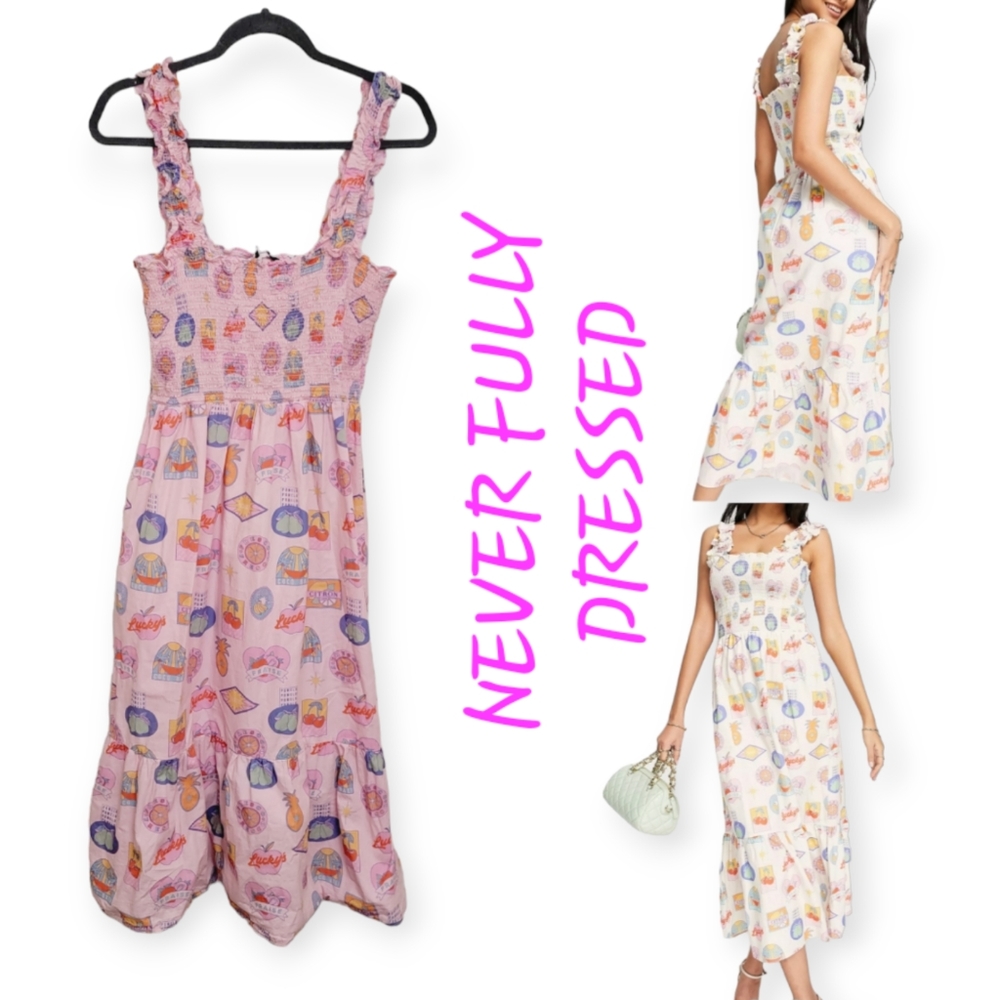 NEVER FULLY DRESSED Midi Vintage Fruit Sticker print dress in Pink
